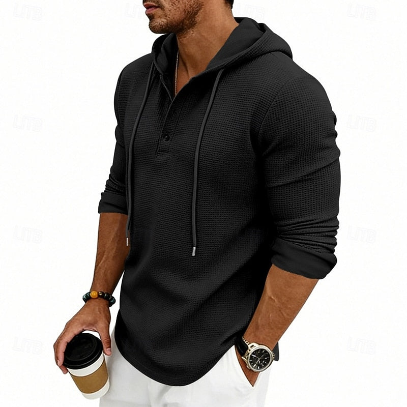 Hooded Henley Shirt Men's Waffle Knit Long Sleeve Drawstring – Casual, Everyday Layering