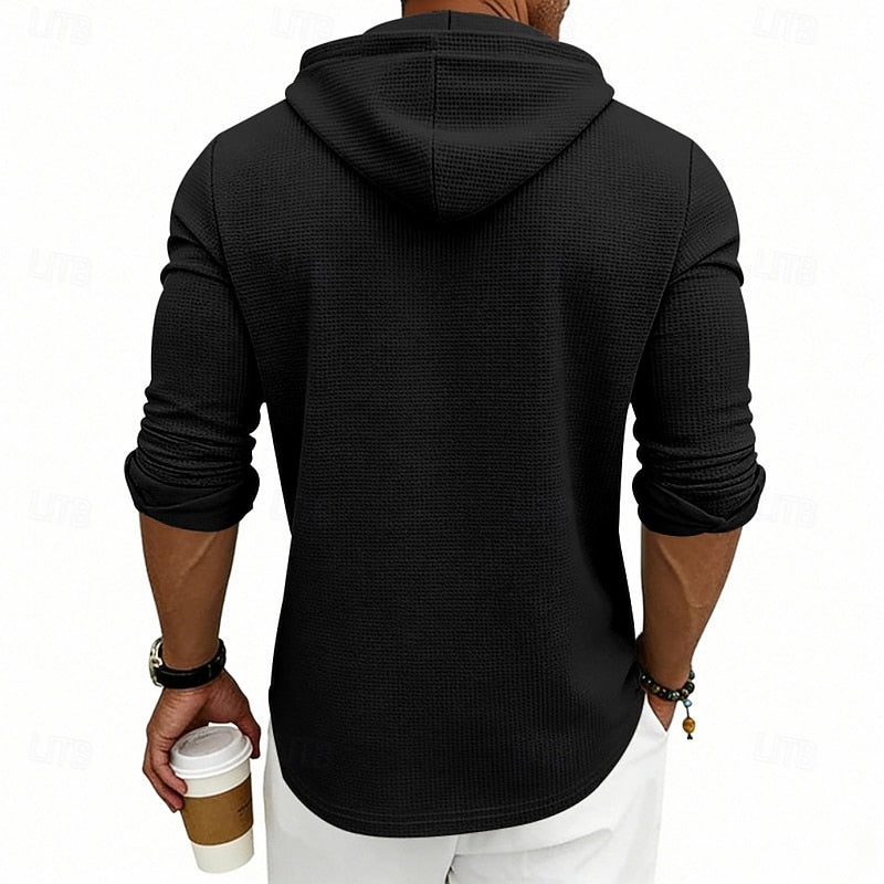 Hooded Henley Shirt Men's Waffle Knit Long Sleeve Drawstring – Casual, Everyday Layering