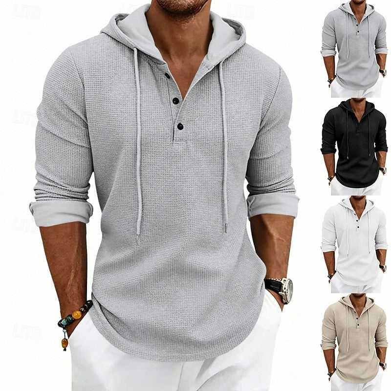 Hooded Henley Shirt Men's Waffle Knit Long Sleeve Drawstring – Casual, Everyday Layering