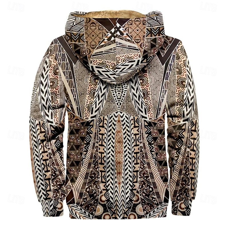 Hooded Jacket Fleece-Lined Men's Aztec Print Zip-Up – Casual, Winter, Outdoor, Gift