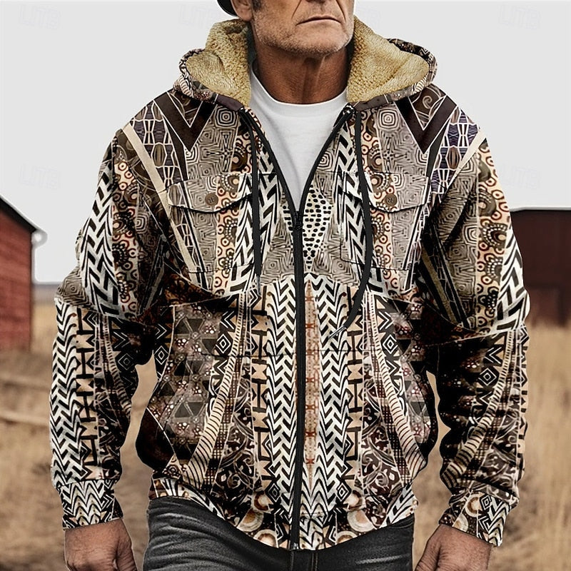 Hooded Jacket Fleece-Lined Men's Aztec Print Zip-Up – Casual, Winter, Outdoor, Gift