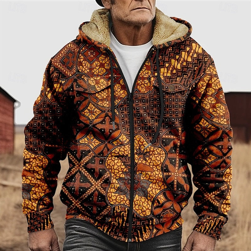 Hooded Jacket Fleece-Lined Men's Aztec Print Zip-Up – Casual, Winter, Outdoor, Gift