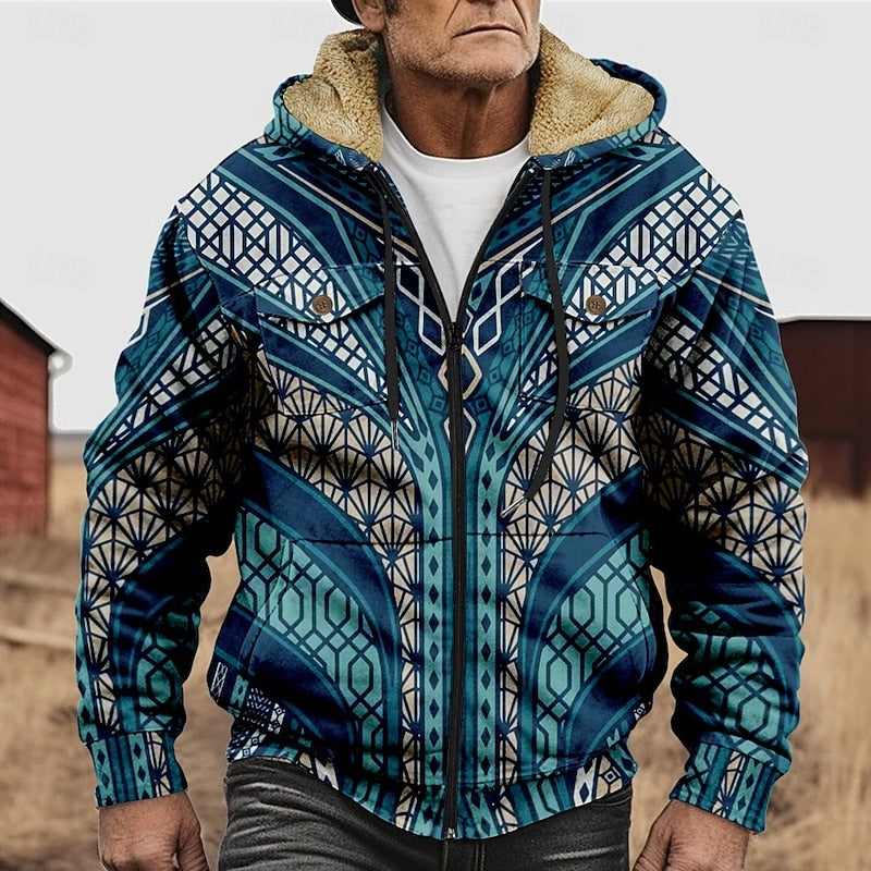 Hooded Jacket Fleece-Lined Men's Aztec Print Zip-Up – Casual, Winter, Outdoor, Gift