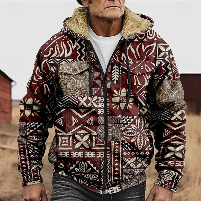Hooded Jacket Fleece-Lined Men's Aztec Print Zip-Up – Casual, Winter, Outdoor, Gift