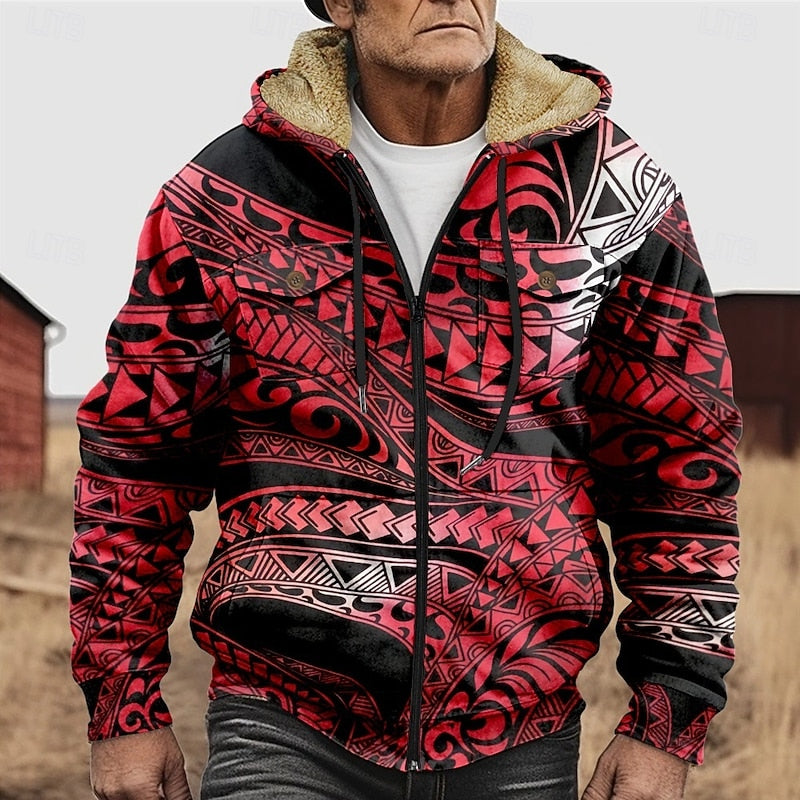 Hooded Jacket Fleece-Lined Men's Aztec Print Zip-Up – Casual, Winter, Outdoor, Gift