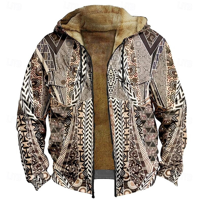 Hooded Jacket Fleece-Lined Men's Aztec Print Zip-Up – Casual, Winter, Outdoor, Gift