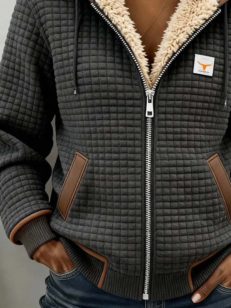 Hooded Jacket Sherpa-Lined Quilted Full-Zip Women's Grey – Casual, Winter Outerwear, Gift