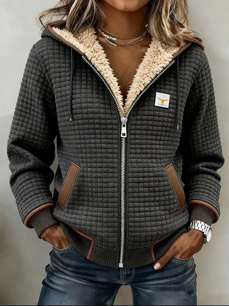 Hooded Jacket Sherpa-Lined Quilted Full-Zip Women's Grey – Casual, Winter Outerwear, Gift