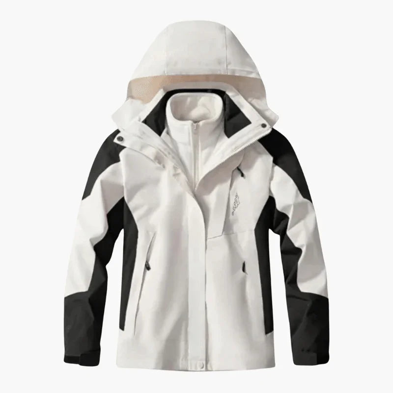 Hooded Jacket White Black Waterproof Men's 3-in-1 Fleece Lined – Hiking, Camping, Outdoor, Winter