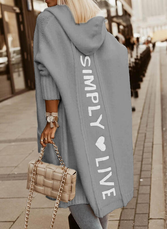 Hooded Knit Cardigan Pink Long Women's Letter Print Open Front – Casual, Gift · Werune