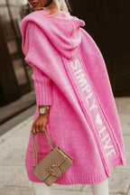 Hooded Knit Cardigan Pink Long Women's Letter Print Open Front – Casual, Gift · Werune