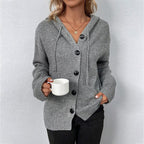 Hooded Knit Cardigan Women's Grey Button-Front Sweater – Casual, Office, Holiday, Gift