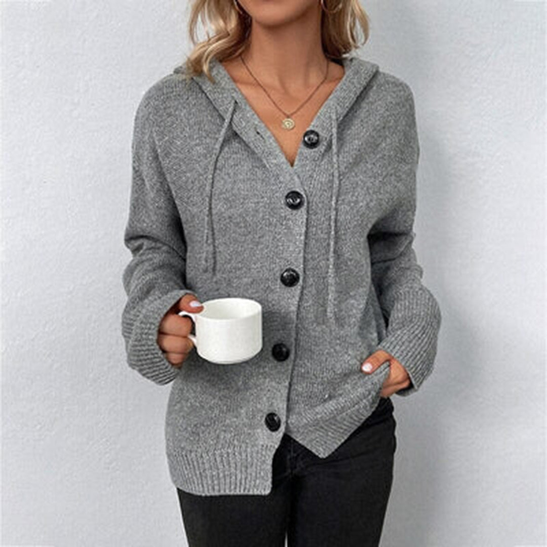 Hooded Knit Cardigan Women's Grey Button-Front Sweater – Casual, Office, Holiday, Gift