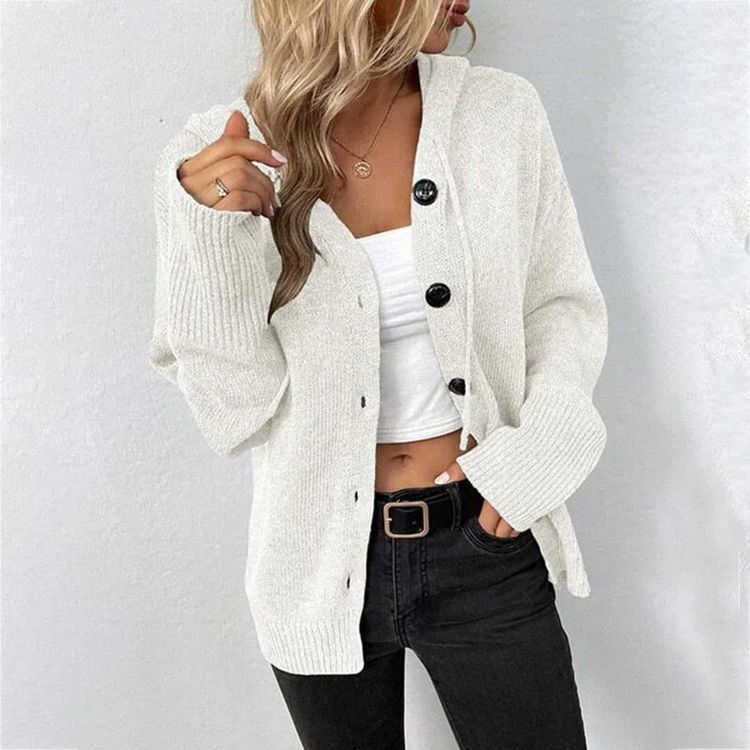 Hooded Knit Cardigan Women's Grey Button-Front Sweater – Casual, Office, Holiday, Gift