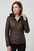 Hooded Leather Jacket Brown Zip-Up Women's – Casual, Office, Holiday, Gift · Werune