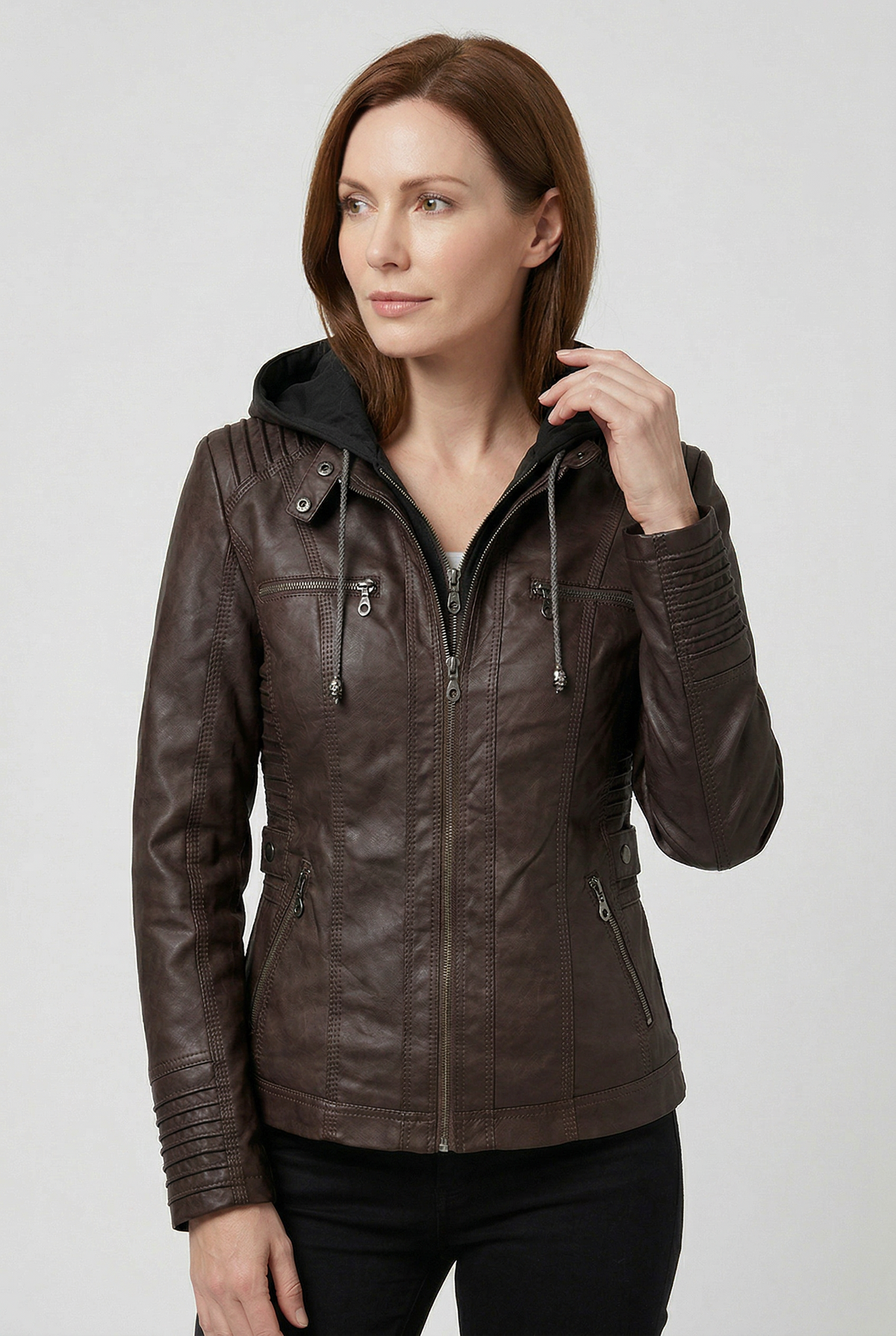 Hooded Leather Jacket Brown Zip-Up Women's – Casual, Office, Holiday, Gift · Werune