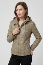 Hooded Leather Jacket Brown Zip-Up Women's – Casual, Office, Holiday, Gift · Werune