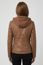 Hooded Leather Jacket Brown Zip-Up Women's – Casual, Office, Holiday, Gift · Werune