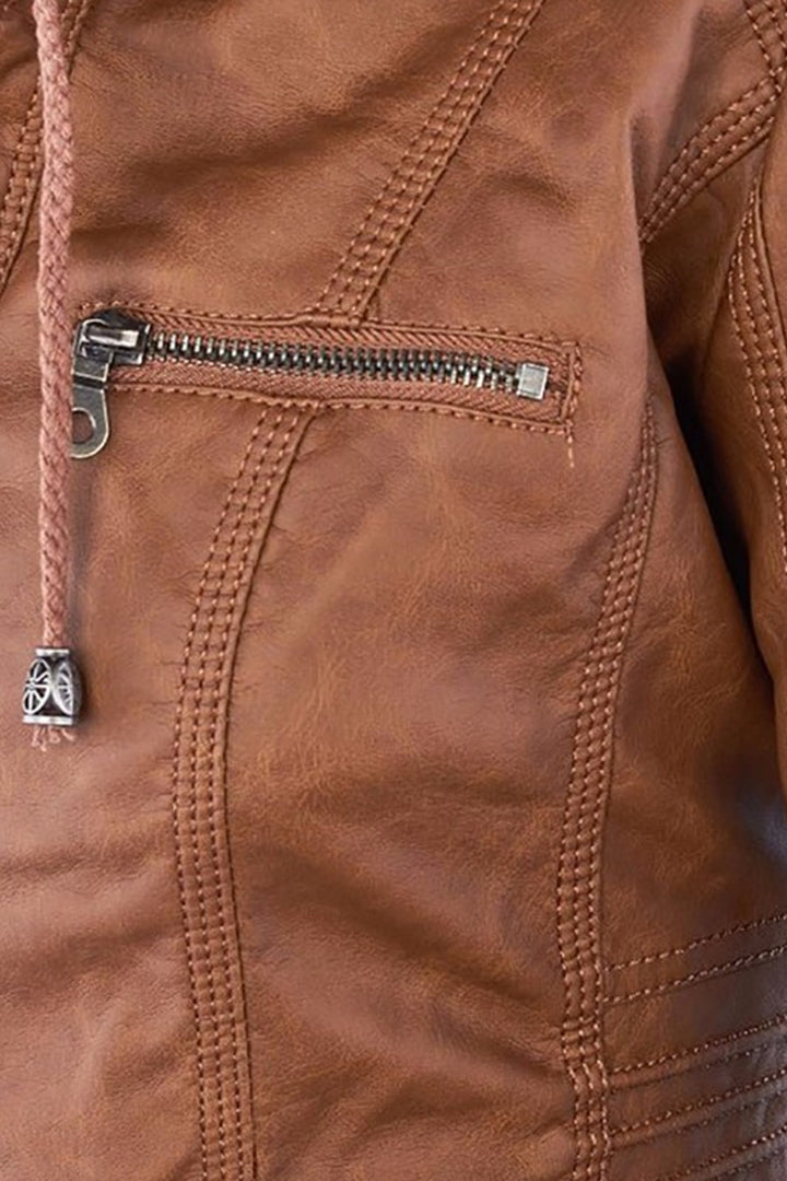 Hooded Leather Jacket Brown Zip-Up Women's – Casual, Office, Holiday, Gift · Werune