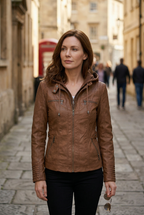 Hooded Leather Jacket Brown Zip-Up Women's – Casual, Office, Holiday, Gift · Werune