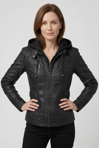 Hooded Leather Jacket Brown Zip-Up Women's – Casual, Office, Holiday, Gift · Werune