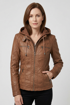 Hooded Leather Jacket Brown Zip-Up Women's – Casual, Office, Holiday, Gift · Werune