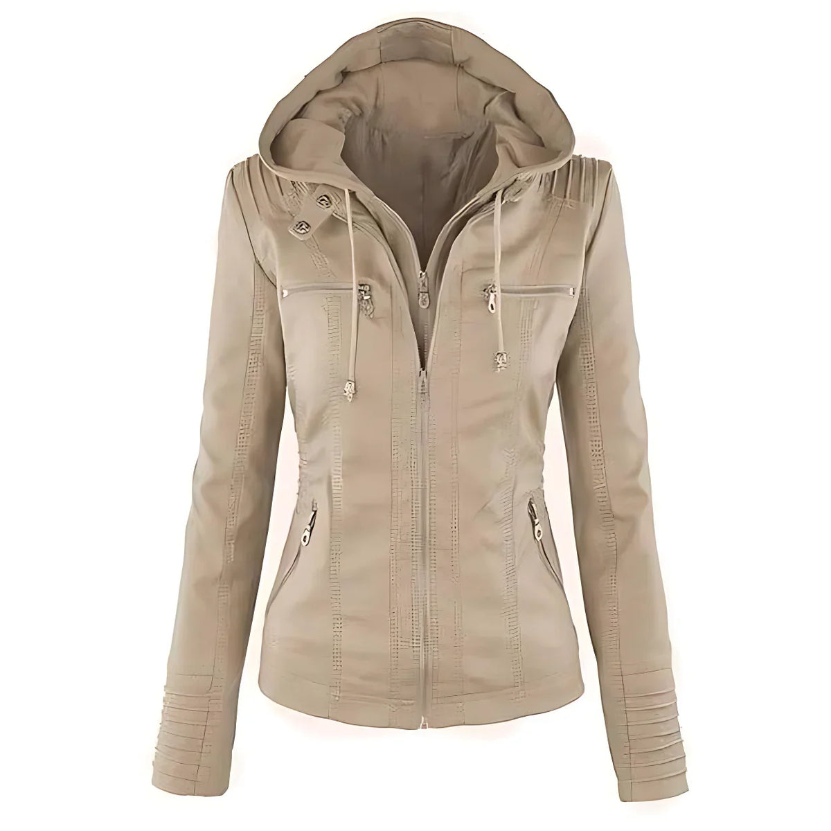 Hooded Leather Jacket Women's Tan Faux Leather Removable Hood – Casual, Biker, Office, Holiday