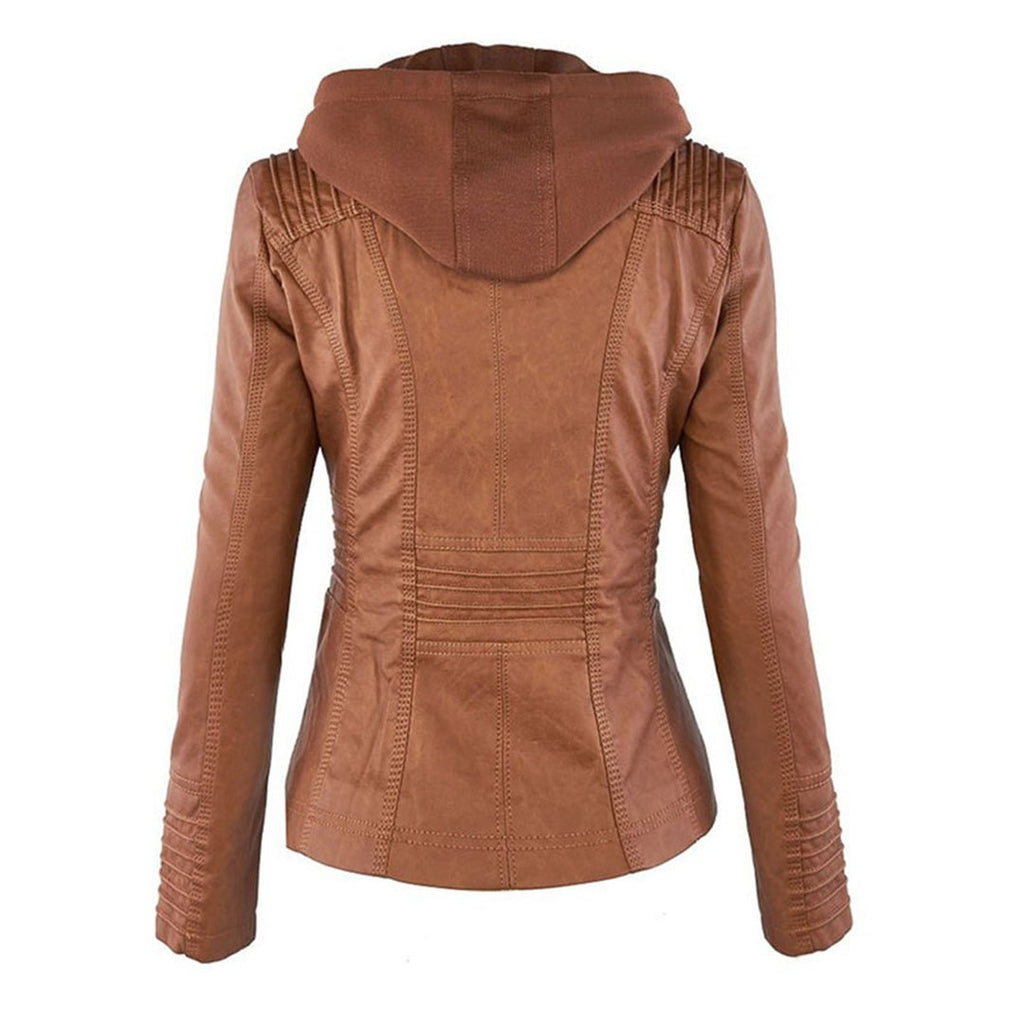 Hooded Leather Jacket Women's Tan Faux Leather Removable Hood – Casual, Biker, Office, Holiday