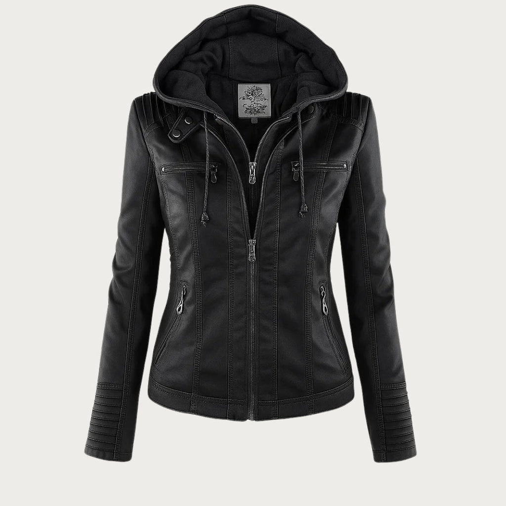 Hooded Leather Jacket Women's Tan Faux Leather Removable Hood – Casual, Biker, Office, Holiday