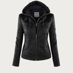 Hooded Leather Jacket Women's Tan Faux Leather Removable Hood – Casual, Biker, Office, Holiday