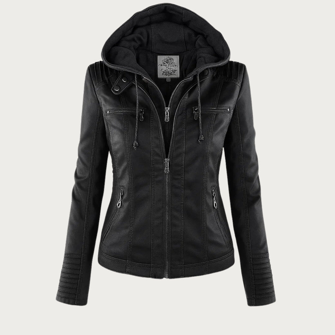 Hooded Leather Jacket Women's Tan Faux Leather Removable Hood – Casual, Biker, Office, Holiday