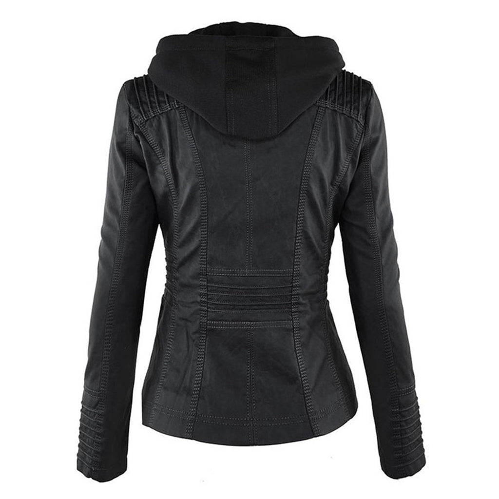 Hooded Leather Jacket Women's Tan Faux Leather Removable Hood – Casual, Biker, Office, Holiday