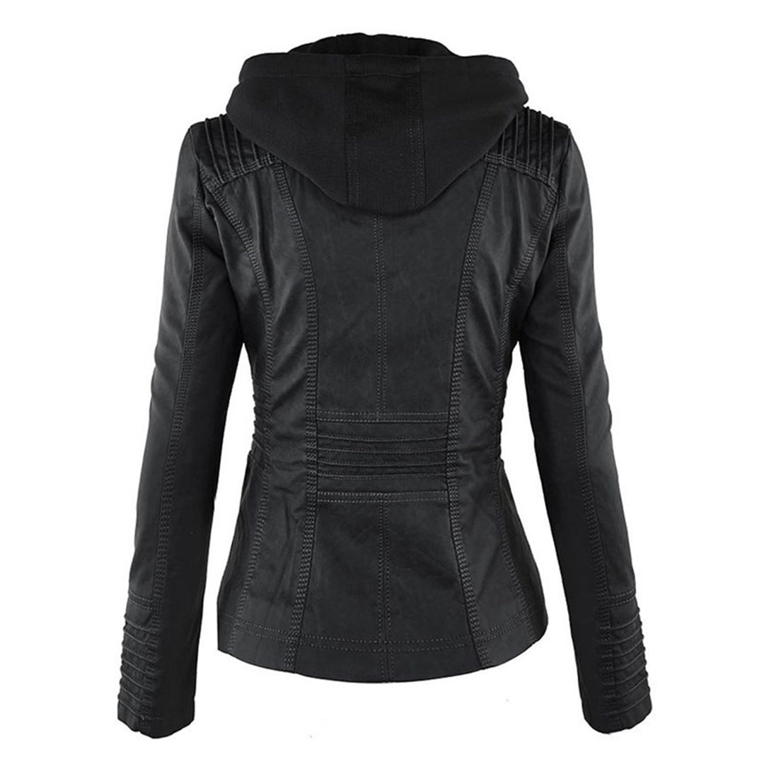 Hooded Leather Jacket Women's Tan Faux Leather Removable Hood – Casual, Biker, Office, Holiday