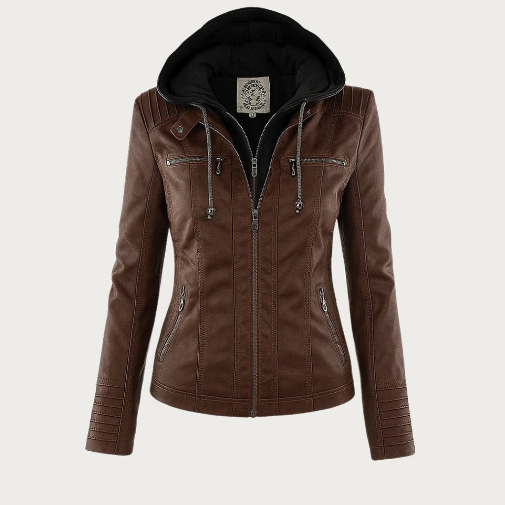 Hooded Leather Jacket Women's Tan Faux Leather Removable Hood – Casual, Biker, Office, Holiday