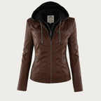 Hooded Leather Jacket Women's Tan Faux Leather Removable Hood – Casual, Biker, Office, Holiday