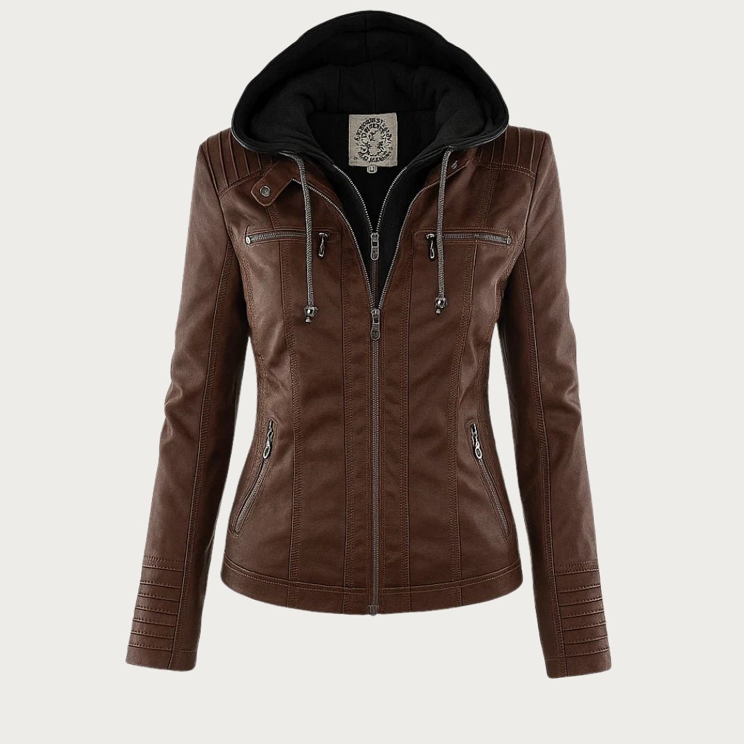 Hooded Leather Jacket Women's Tan Faux Leather Removable Hood – Casual, Biker, Office, Holiday