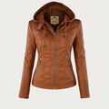 Hooded Leather Jacket Women's Tan Faux Leather Removable Hood – Casual, Biker, Office, Holiday