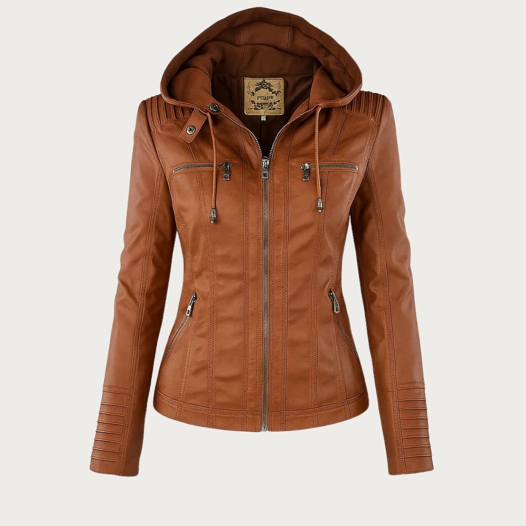 Hooded Leather Jacket Women's Tan Faux Leather Removable Hood – Casual, Biker, Office, Holiday