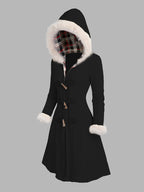 Hooded Longline Coat Black Faux Fur Trim Women's Cable Knit – Casual, Winter Gift