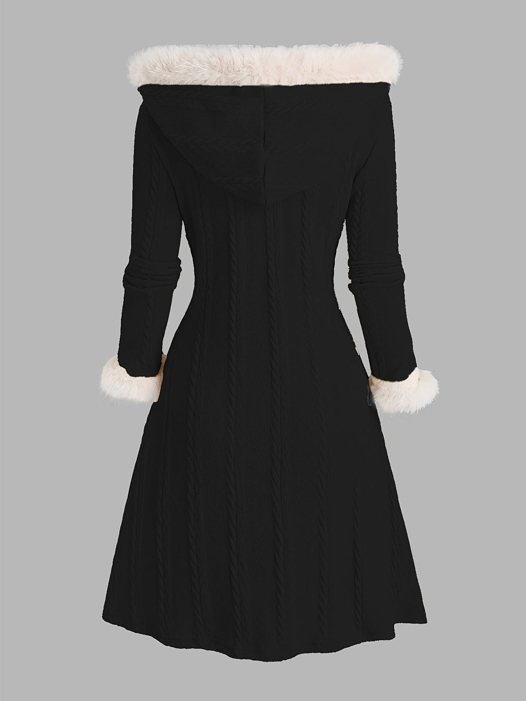 Hooded Longline Coat Black Faux Fur Trim Women's Cable Knit – Casual, Winter Gift