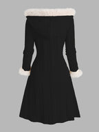 Hooded Longline Coat Black Faux Fur Trim Women's Cable Knit – Casual, Winter Gift