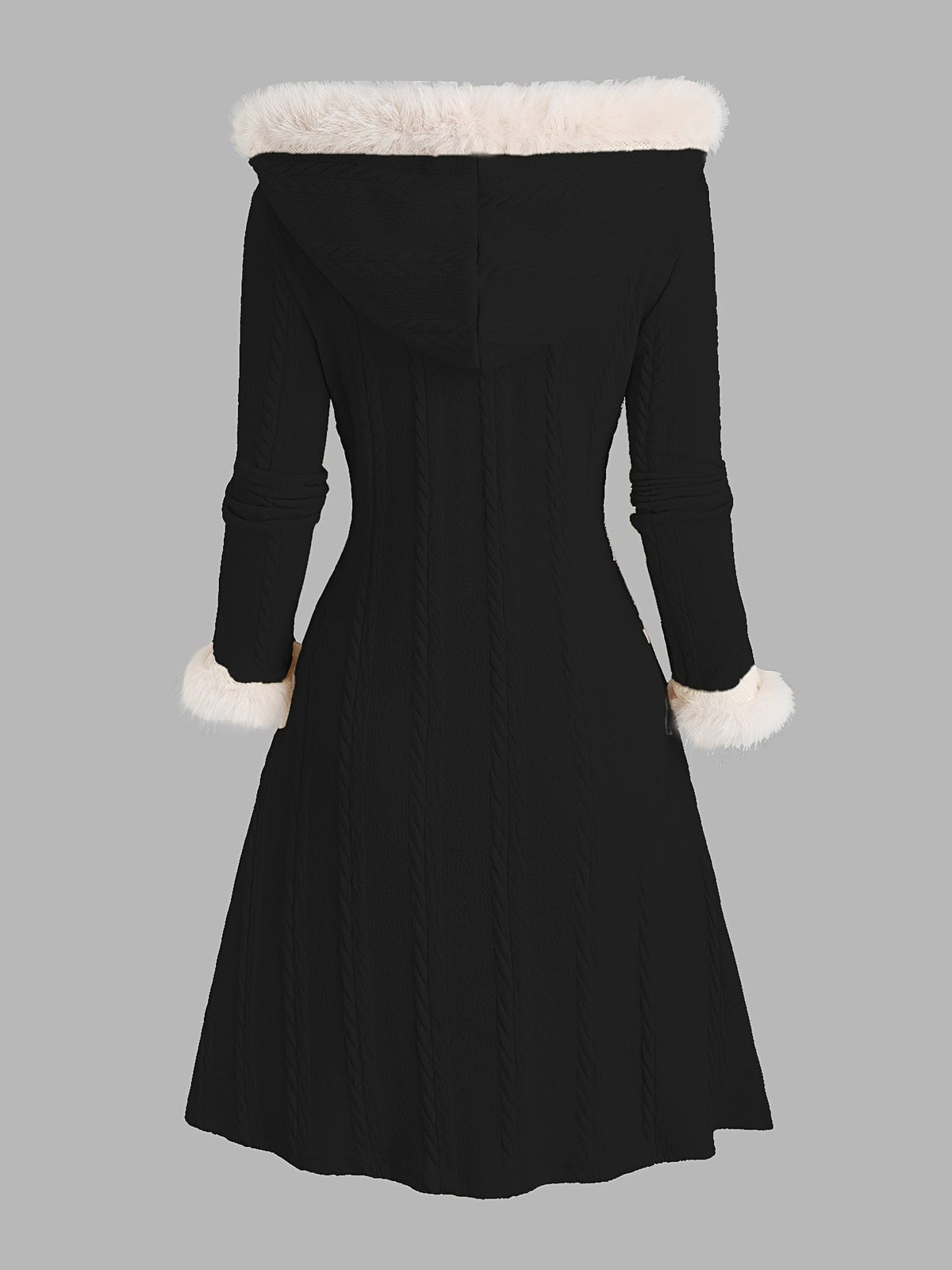 Hooded Longline Coat Black Faux Fur Trim Women's Cable Knit – Casual, Winter Gift