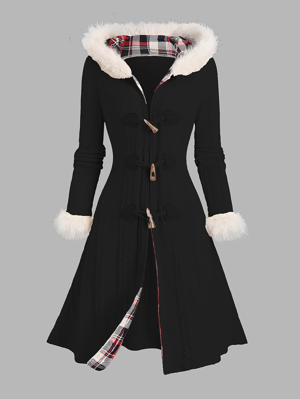 Hooded Longline Coat Black Faux Fur Trim Women's Cable Knit – Casual, Winter Gift