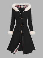 Hooded Longline Coat Black Faux Fur Trim Women's Cable Knit – Casual, Winter Gift