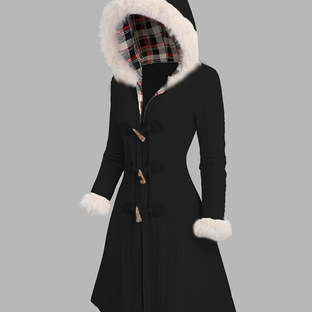 Hooded Longline Coat Black Faux Fur Trim Women's Cable Knit – Casual, Winter Gift