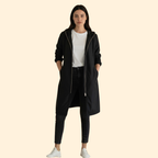 Hooded Longline Jacket Black Women's Zip-Up Drawstring Parka – Casual, Everyday, Holiday, Gift