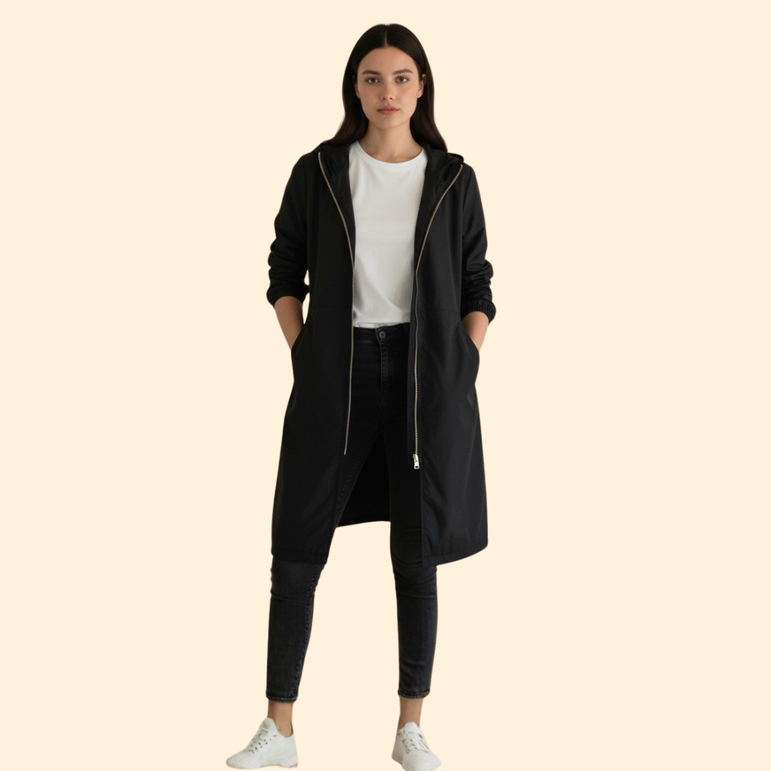 Hooded Longline Jacket Black Women's Zip-Up Drawstring Parka – Casual, Everyday, Holiday, Gift