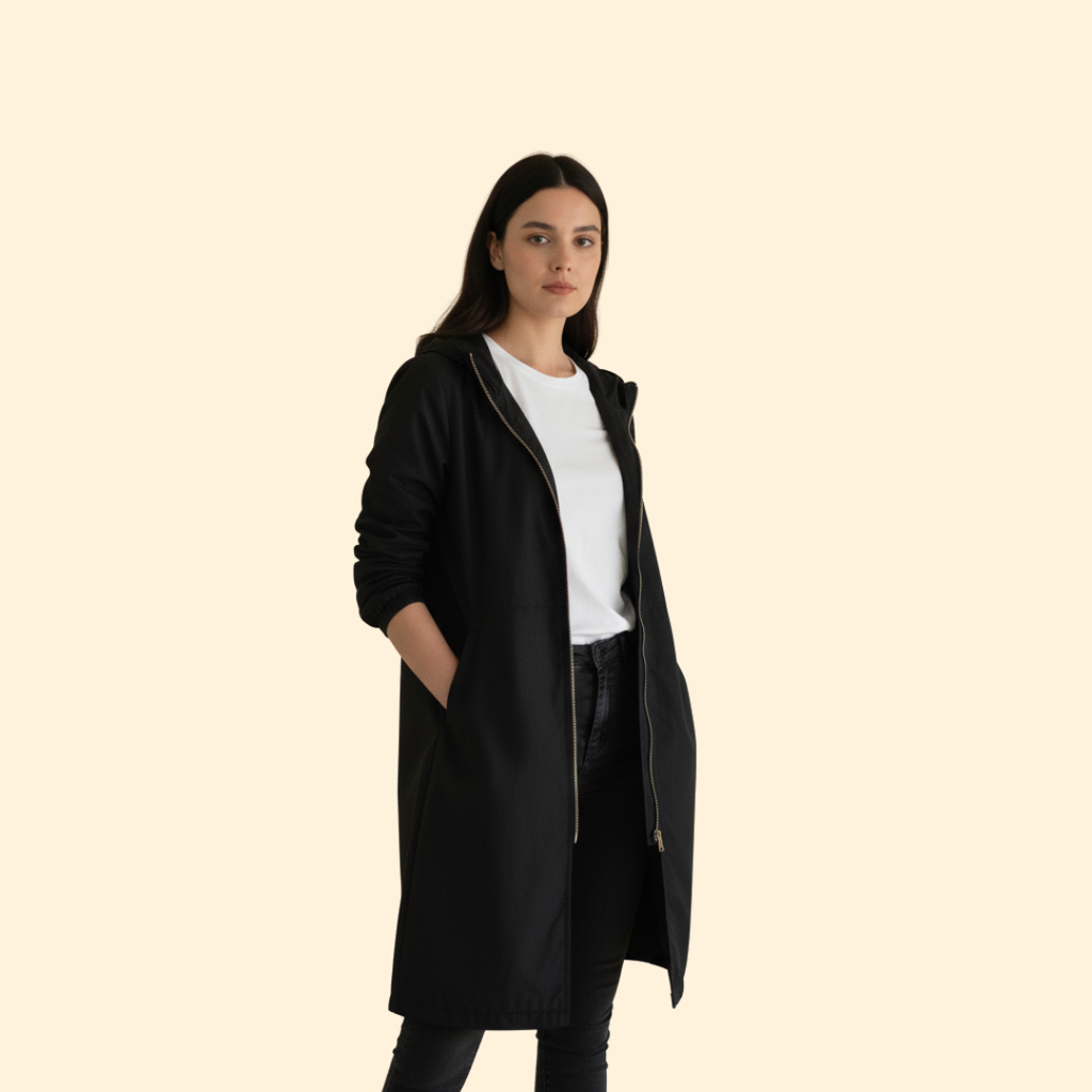 Hooded Longline Jacket Black Women's Zip-Up Drawstring Parka – Casual, Everyday, Holiday, Gift