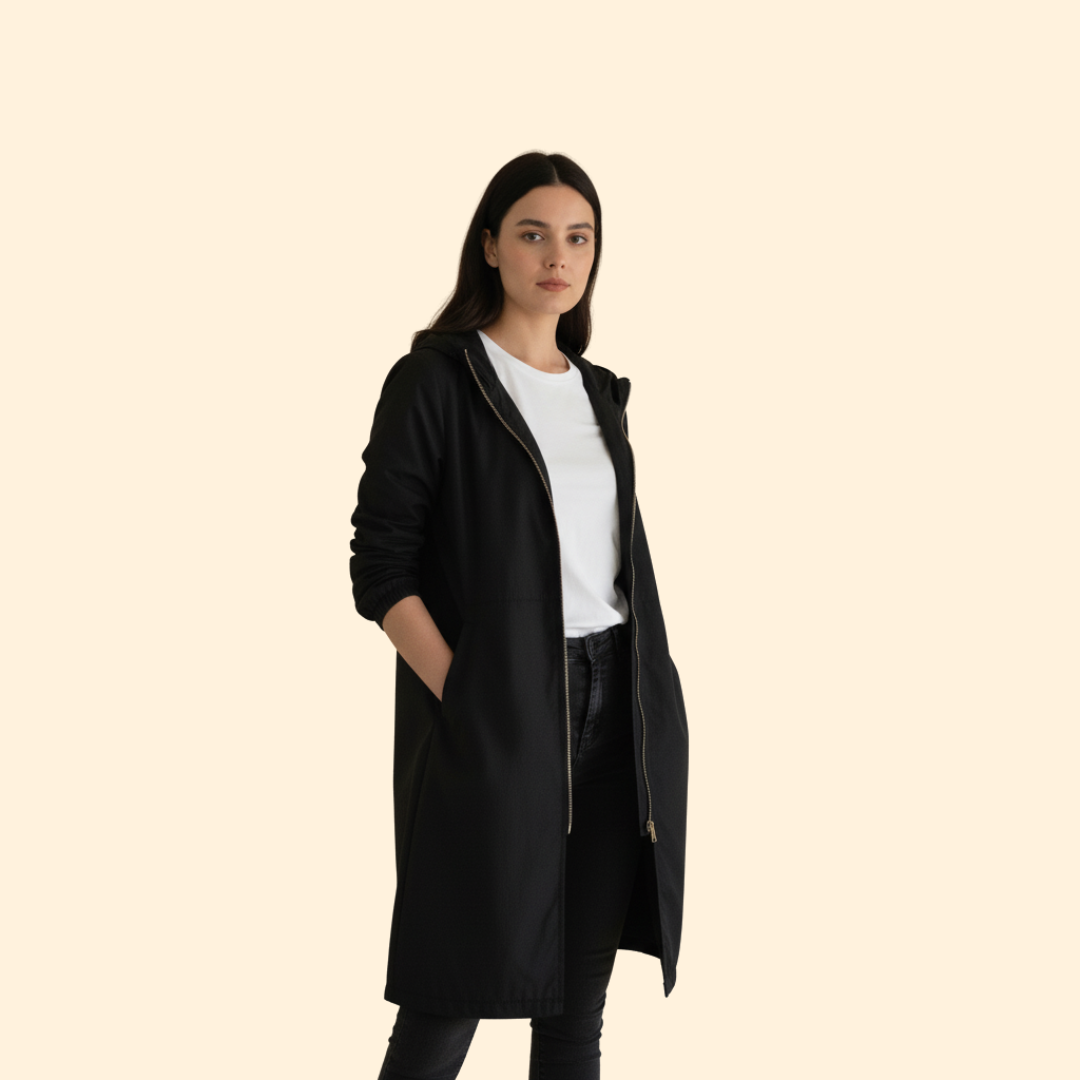 Hooded Longline Jacket Black Women's Zip-Up Drawstring Parka – Casual, Everyday, Holiday, Gift
