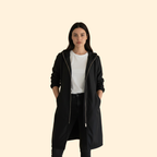 Hooded Longline Jacket Black Women's Zip-Up Drawstring Parka – Casual, Everyday, Holiday, Gift